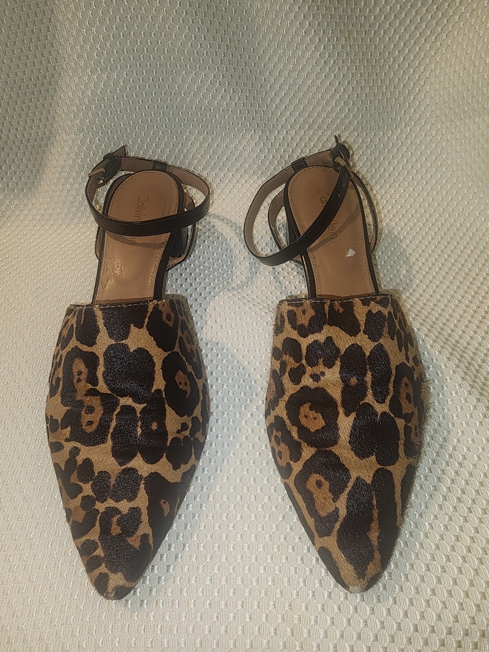 Calvin Klein Leopard Print Pointed Ankle-Strap Flats - Tan & Black